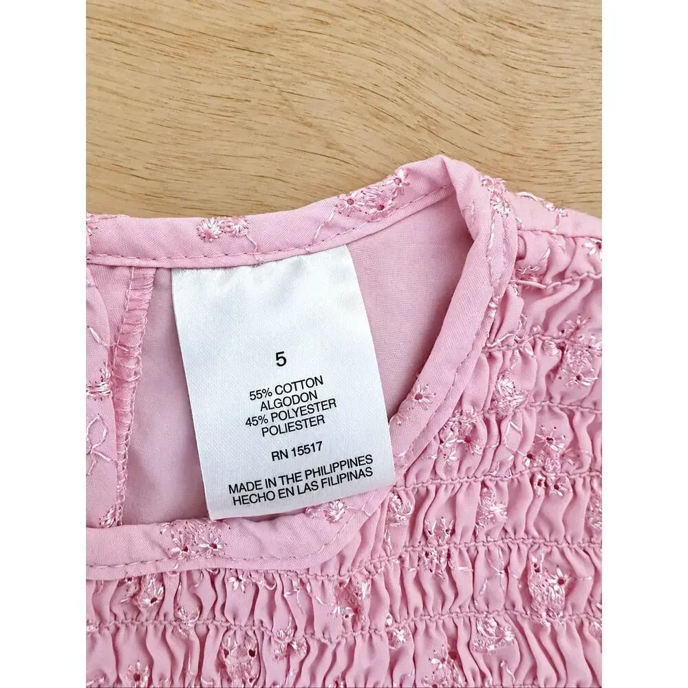 Penelope Mack Girls Size 5 Pink Eyelet Smocked Tiered Ruffle Dress Embroidered